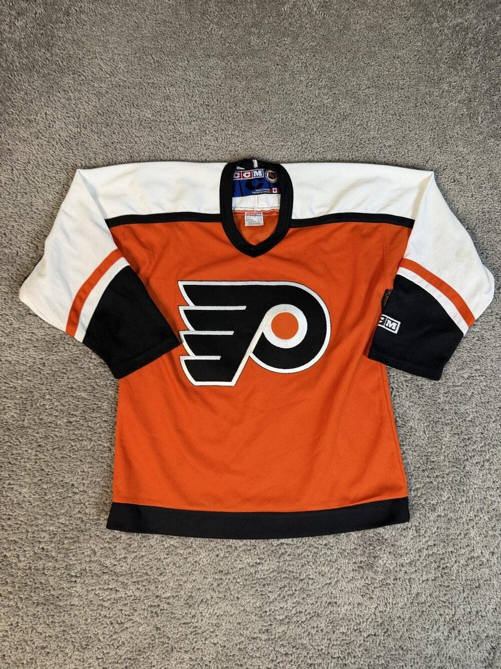 Vintage Philadelphia Flyers Jersey Boys L NHL Hockey CCM Air-Knit Made In Canada